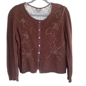 J. Jill Wool Rabbit Hair Cashmere Embroidered Cardigan Sweater Size L Silk Lined